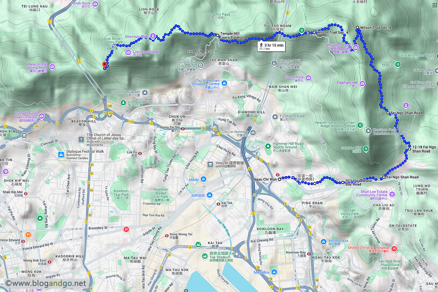 Choi Hung to Lion Rock - Map